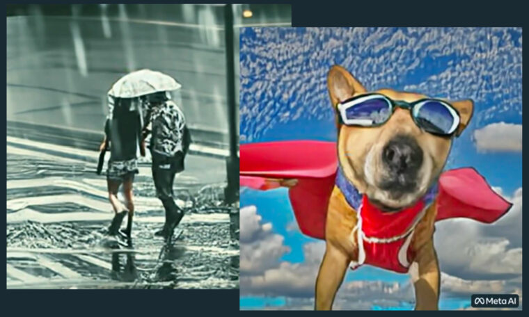 två bilder sammanlagda, svartvit bild på par med paraply + flygande hund med röd mantel och glasögon