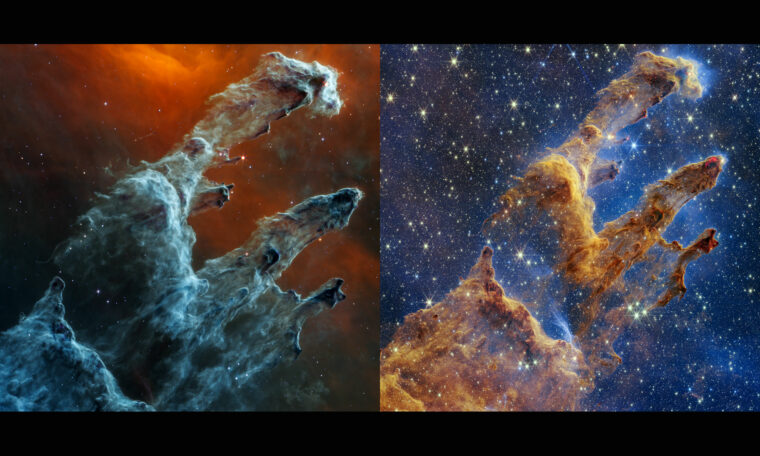 Två bilder av samma område, med disiga stråk från nedre vänstra hörnet upp mot övre högra hörnet. Stjärnor syns, särskilt i den högra bilden.
