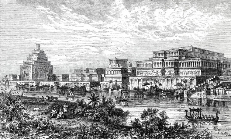 Teckning av palats med vatten och palmer i förgrunden