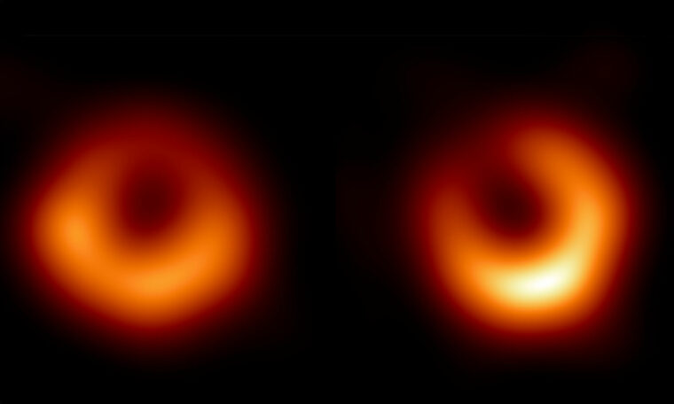 Två diffusa bilder av en orange-röd ring kring en mörk rundel (det svarta hålets skugga), mot svart bakgrund. Den vänstra bilden är ljusare nedtill och till höger.