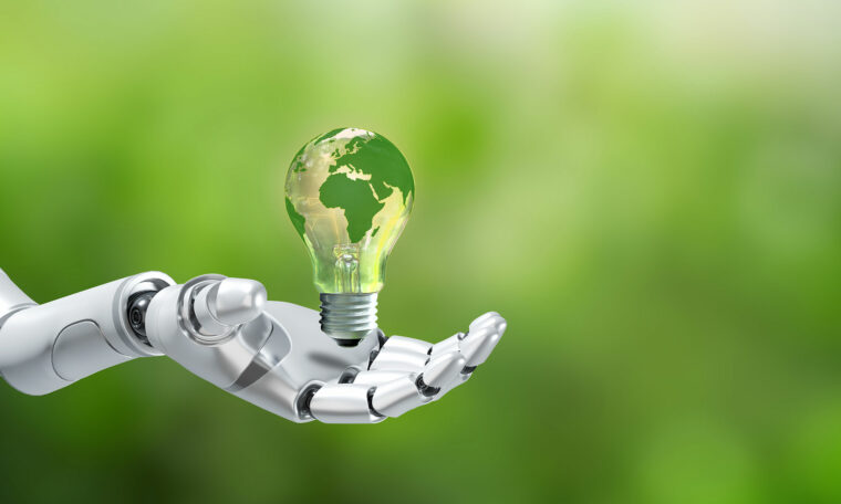AI-hand håller fram glödlampa med grön jordglob