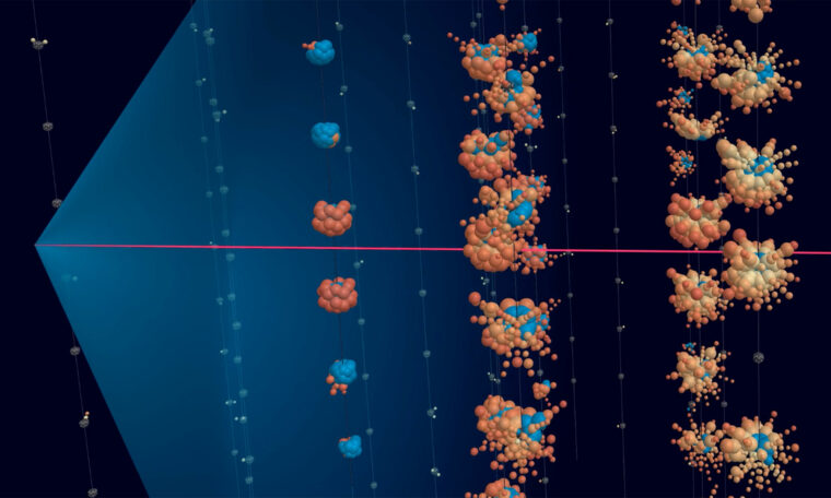 Visualisering av hur en partikel registreras i km3net