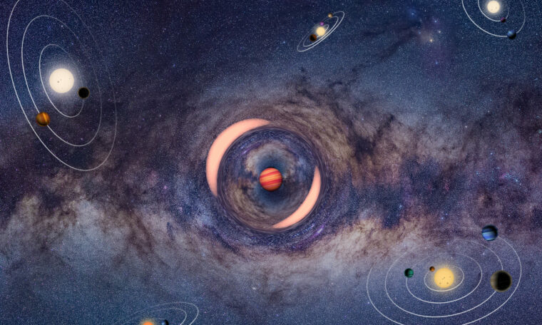 Illustration av mikrolinsning, där en planets gravitationsfält fokuserar ljuset från en stjärna.