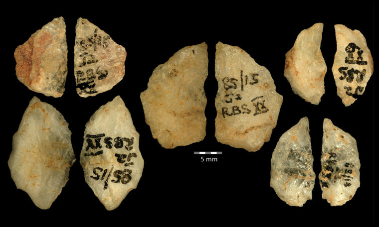 fem förhistoriska pilspetsar