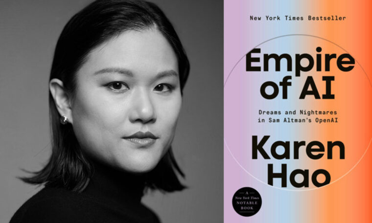 Karen Hao porträtt samt omslaget till Empire of AI