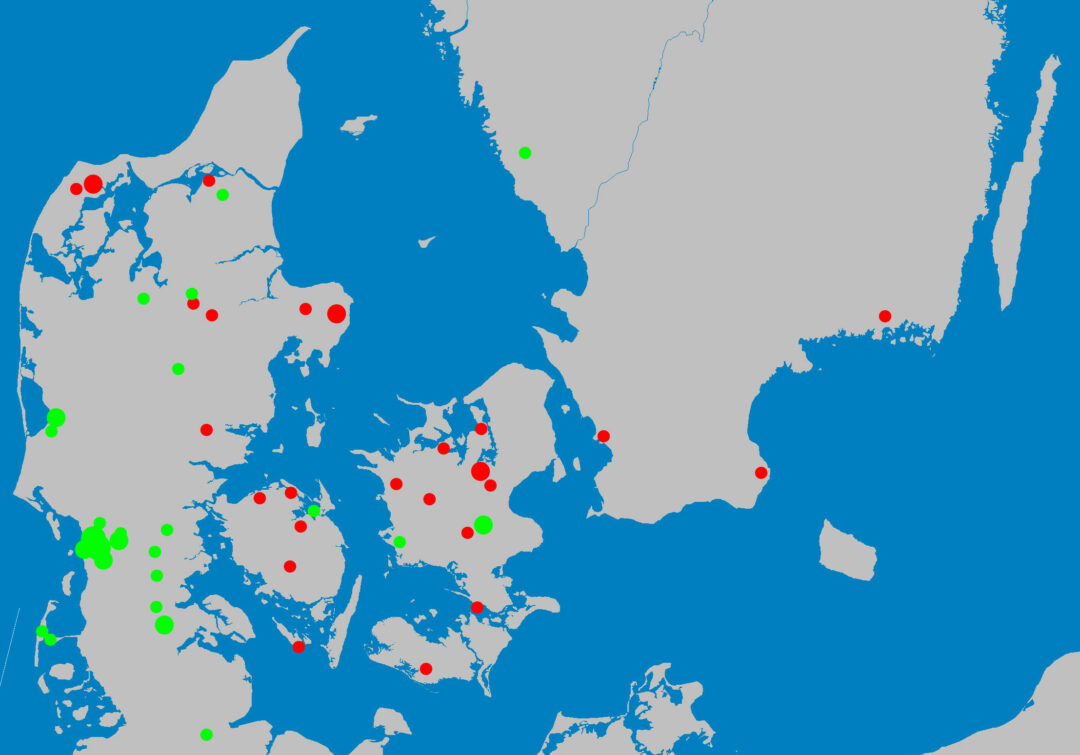 Karta som visar många fler myntfynd i Danmark än i södra Sverige.