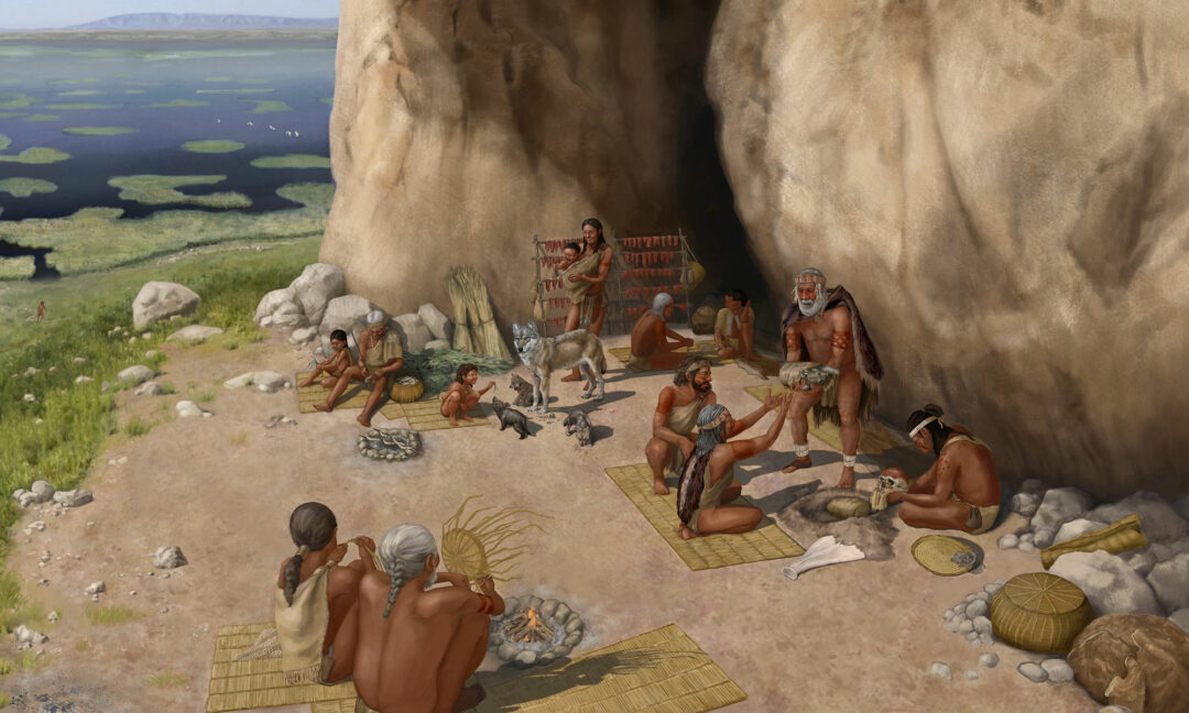 illustration av människor och hundar vid grotta