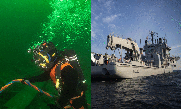 Dykare och bild på Försvarsmaktens båt Belos