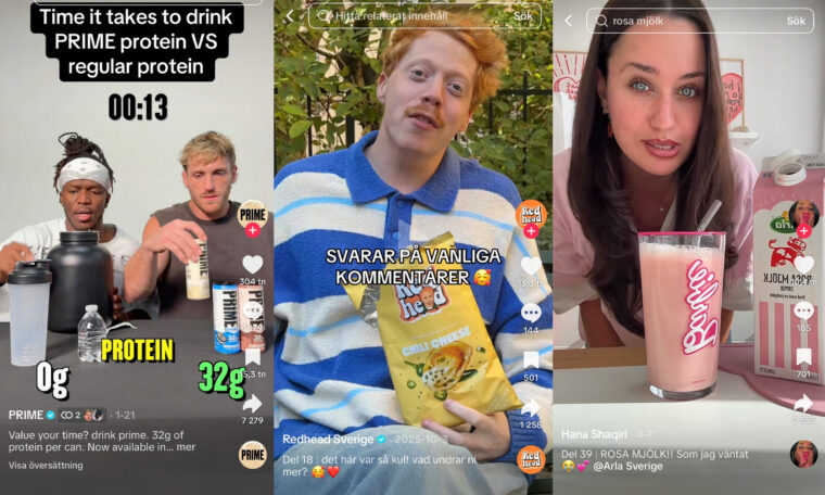 energidrycken Prime, red head-chips och rosa mjölk promotas på sociala medier